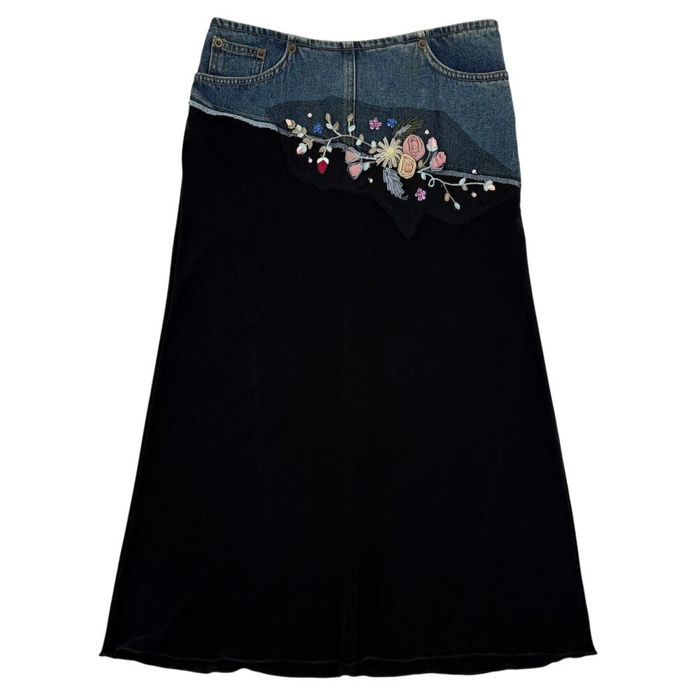 Vtg Tristan & Iseut Denim Embellished Skirt 90s Boho Y2K 3D Floral Whimsygoth
